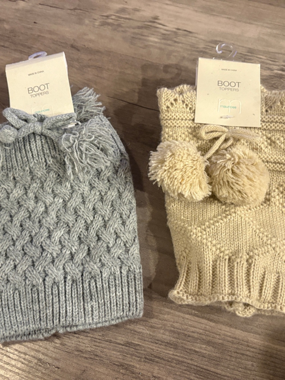 Maurices Cable Knit Boot Toppers with Pom Poms in Gray and Cream